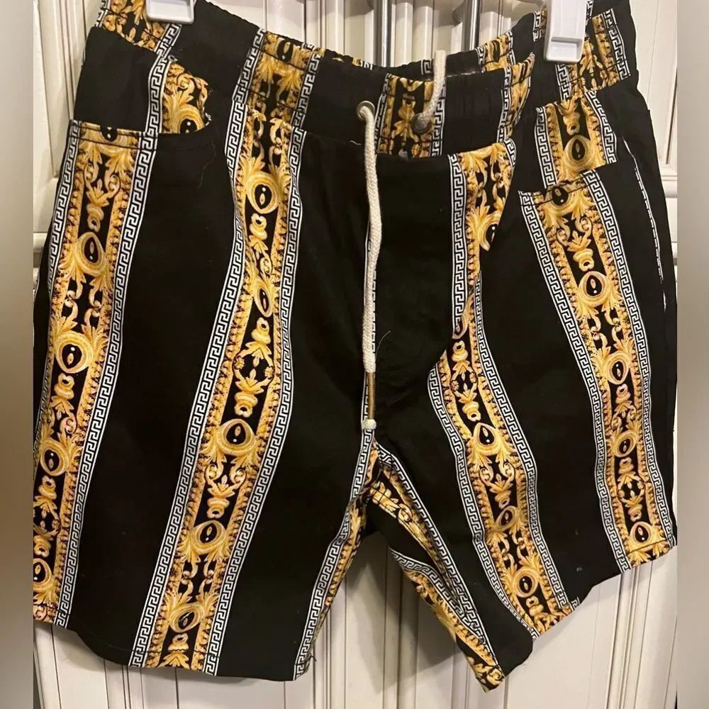 MENS BAROQUE GOLD BLACK DRAWSTRING CASUAL SHORTS SIZE L - Picture 4 of 12